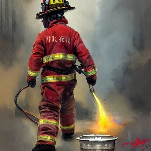 Image similar to fireman man strikes again, concept art by James Gurney.