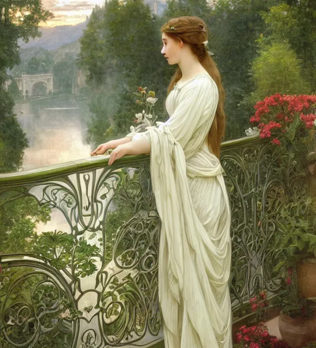 Prompt: intricate oil painting of a young elf woman wearing white and light green, looking out at the sunrise over rivendell from her art nouveau balcony, elegant, digital painting, smooth, sharp focus, illustration, ultra realistic, 8 k, by bouguereau, alphonse mucha, artgerm, and donato giancola