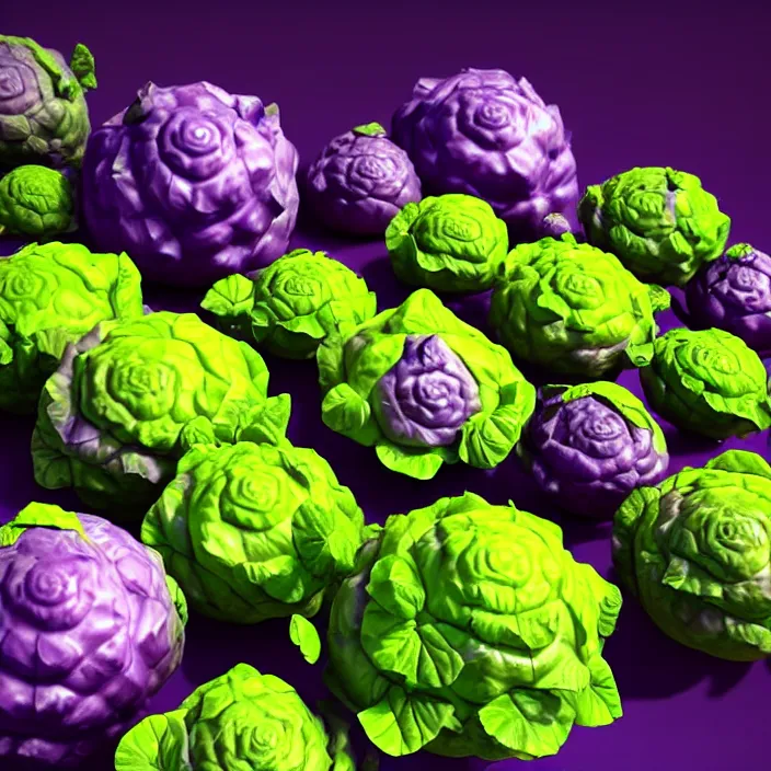 Image similar to high quality 3 d render very cute cabbages party! highly detailed, unreal engine cinematic smooth, moody purple glow light, low angle, uhd 8 k, sharp focus