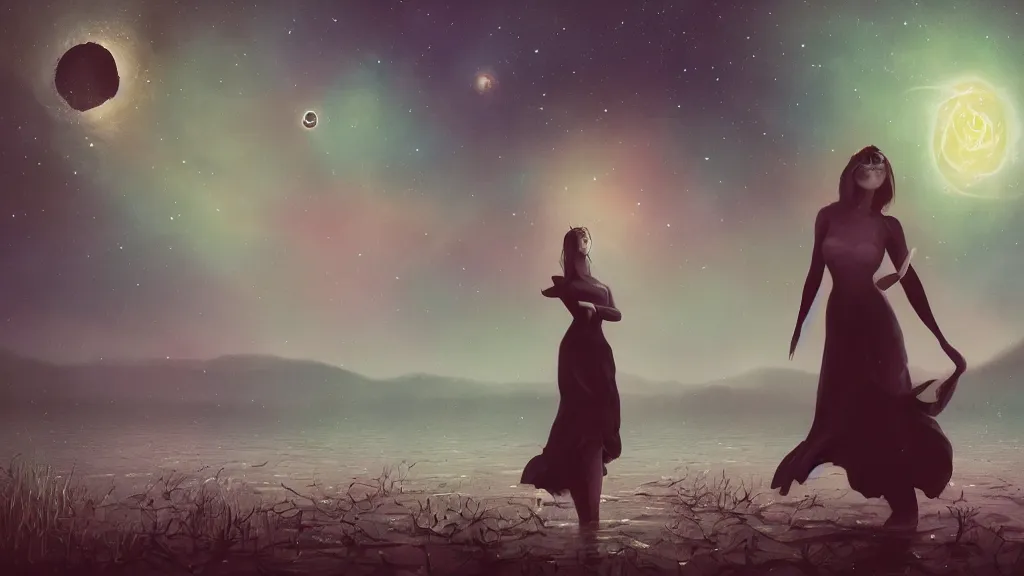 Image similar to whimsical, a beautiful playful woman, wearing professional makeup, standing in a lake, under the stars, with a binary black hole with a ring in the sky, by Lois van Baarle, by Greg Rutkowski, by Ilya Kuvsninov, cinematic angle, face enhance, volumetric lighting, cinematic lighting, digital art, 4k resolution, trending on artstation, masterpiece