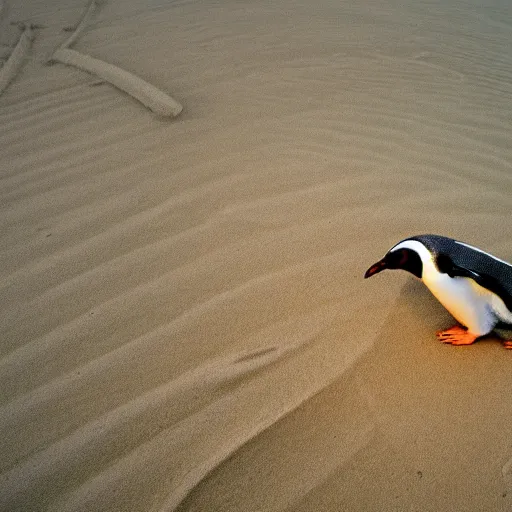 Image similar to photo of a penguin writing with a stick in the sand, sunset natural geographic, award winning