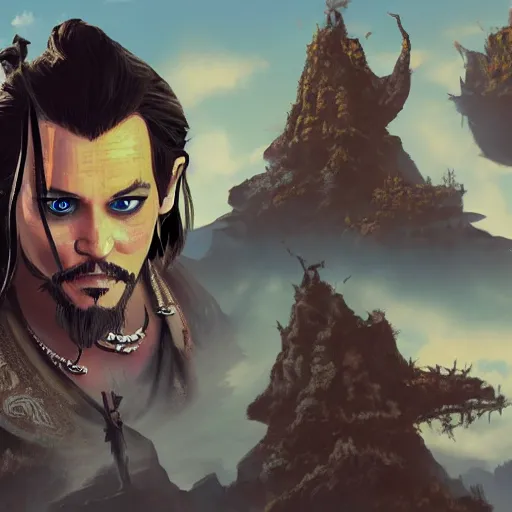 Prompt: johhny depp in the art style of breath of the wild, grimdark dramatic lighting, digital art, intricate, highly detailed, matte painting, fine art