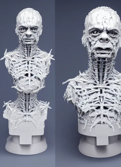 Image similar to a bust sculpture of anatomical detailed ice golem, rowan atkinson, blue blood, become human, ceramic base, orthographic, studio lighting