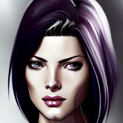 Image similar to A combination of Grace Kelly's and Katheryn Winnick's and Ashley Greene's faces with long eyelash makeup as Motoko Kusanagi from Ghost in The Shell, western, fantasy, intricate, elegant, highly detailed, digital painting, artstation, concept art, matte, sharp focus, illustration, half body portrait, art by Artgerm and Greg Rutkowski and Alphonse Mucha