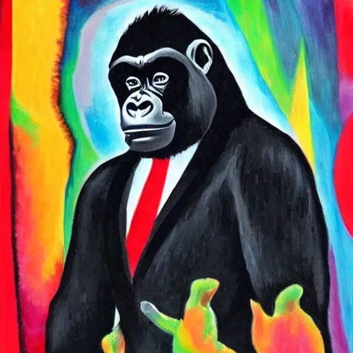 Image similar to a gorilla wearing a nice black tuxedo with a red tie, fauvism, 8 k, highly detailed,