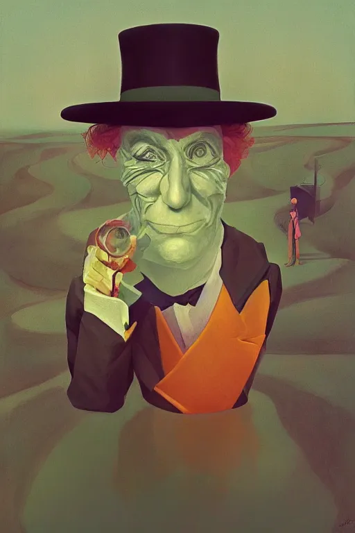 Image similar to Mr Hatter portrait in the wonder trash land Edward Hopper and James Gilleard, Zdzislaw Beksisnski, higly detailed