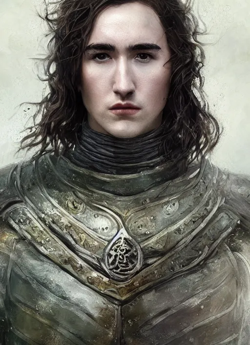 Image similar to a professional painting of Isaac Hempstead-Wright as King, clothed in ethereal armor, olive skin, long dark hair, beautiful bone structure, symmetrical facial features, intricate, elegant, digital painting, concept art, smooth, sharp focus, illustration, from Game of thrones, by Ruan Jia and Mandy Jurgens and Artgerm and William-Adolphe Bouguerea