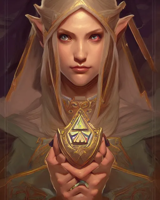 Image similar to legend of Zelda, D&D, fantasy, intricate, elegant, highly detailed, digital painting, artstation, concept art, matte, sharp focus, illustration, hearthstone, art by Artgerm and Greg Rutkowski and Alphonse Mucha