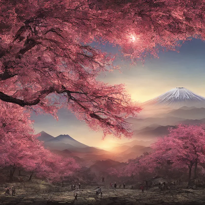 Image similar to old empty samurai city surrounded by sakura trees, beautiful valley and mountains with forest, sunrise on fuji, hyperrealism, matte painting, digital art, artistation