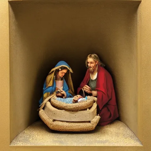 Prompt: a still live of a nativity scene in a nook by Robert Chailloux, oil on masonite