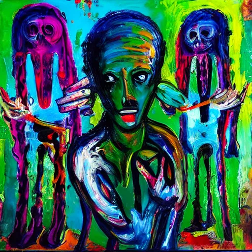 Image similar to artistic dirty art acrylic painting, paint brushstrokes and squeegeed dirty artwork, art by sandra herberstein, surreal, human figures, low tons colors, world leaders of terror 2 1 th century