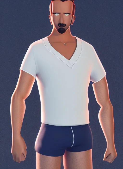 Prompt: 3 2 - year - old man, short stubble, wearing short sleeve v neck shirt and speedo, bara, character design, octane render, 8 k, portrait