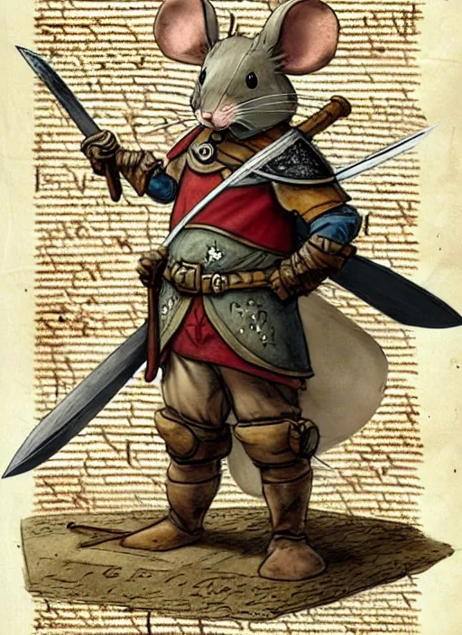 Image similar to a heroic mouse knight with sword and shield on a parchment background, redwall, greg rutowski and jean baptiste monge, detailed, epic fantasy concept art