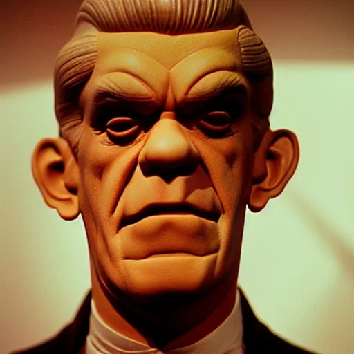 Prompt: film still of hyper realistic face portrait of classic boris karloff dressed as frankestein smiling, hyper detail, long shadows, film texture, dof, 3 5 mm