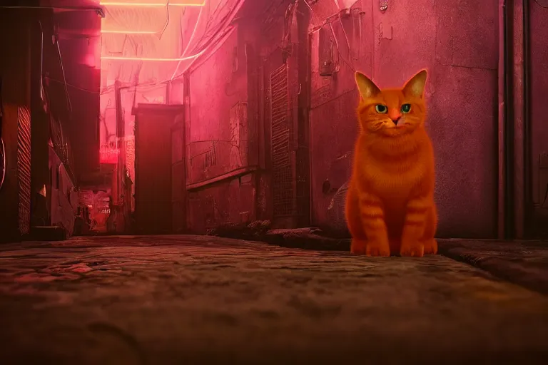 Image similar to ginger cat in the alley, neon lighting, rendered in unreal engine, trending on artstation, cyberpunk, night