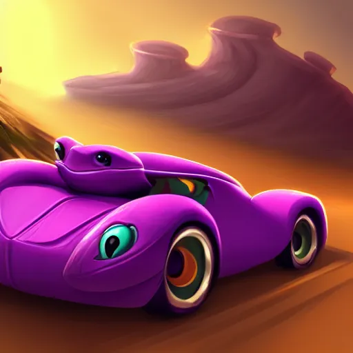 Image similar to turtle driving a fast purple car in the desert, trending on artstation, cinematic