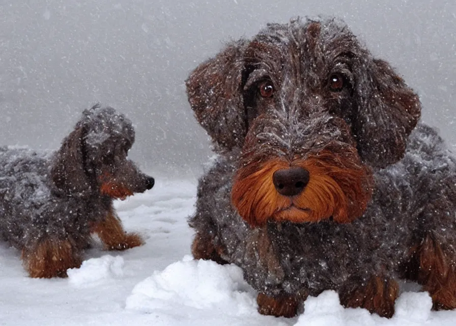 Image similar to Giant prehistoric woolly dachshund, in the middle of a snow storm