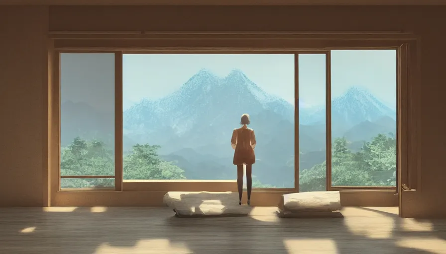 Prompt: woman on the floor looking mountains through windows in old japanese house built on mountains, hyperdetailed, artstation, cgsociety, 8 k