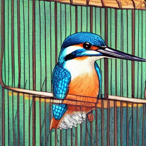 Image similar to kingfisher in a bird cage, realistic, high detail