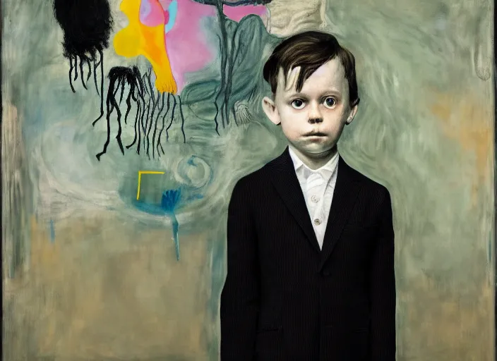 Prompt: portrait of a child wearing a suit, vincent lefevre and hernan bas and pat steir and hilma af klint, psychological, photorealistic, dripping paint, washy brush, rendered in octane, altermodern, masterpiece