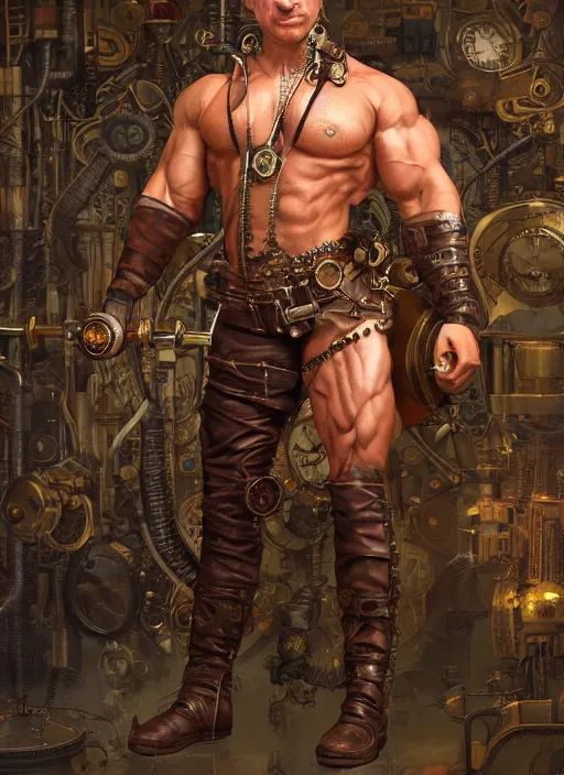 Prompt: steampunk jeff bezos is a muscular bodybuilder, au naturel, hyper detailed, digital art, trending in artstation, cinematic lighting, studio quality, smooth render, unreal engine 5 rendered, octane rendered, art style by klimt and nixeu and ian sprigger and wlop and krenz cushart.