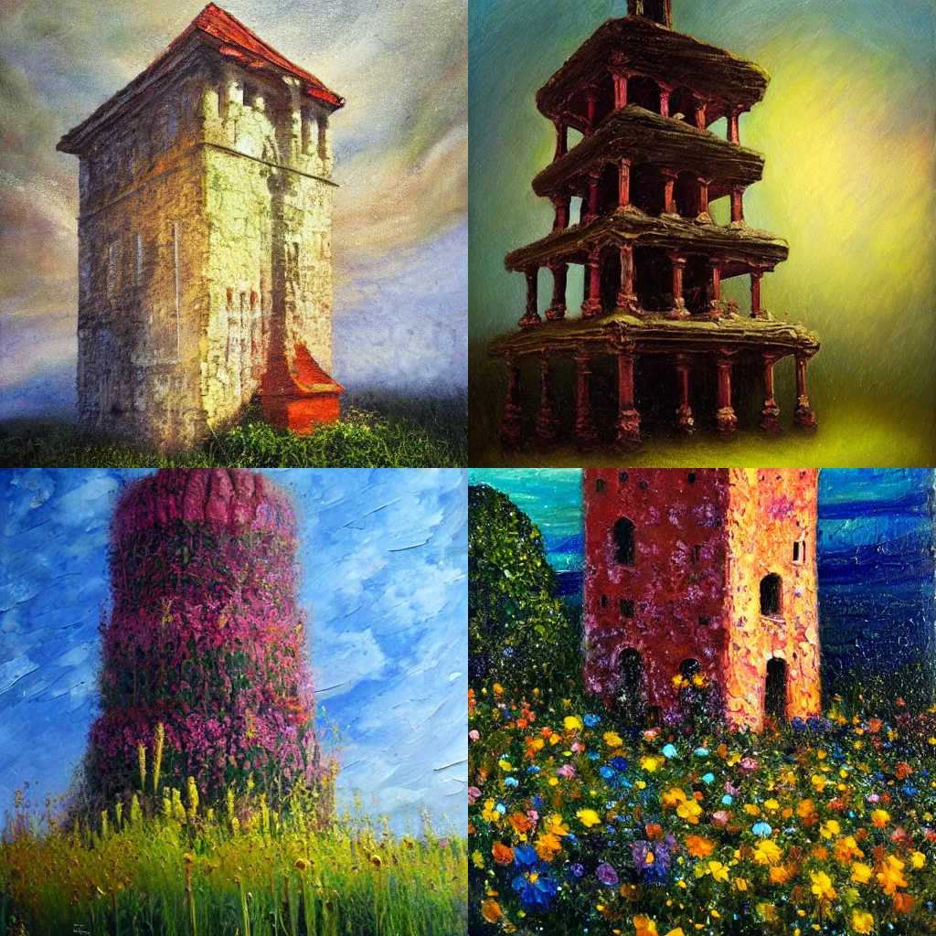 Prompt: The flower tower, oil painting, award-winning, highly detailed palette knife oil painting, thick impasto, painterly, autochrome, pinhole, realistic lighting, chiaroscuro, very ethereal