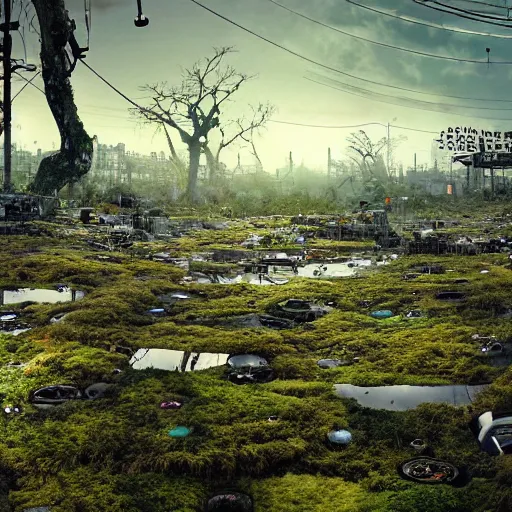 Prompt: panoramic view, moss and lichen dotted biomechanical trees growing on junkyard heaps of electronics and automobile scrapyards amongst puddles of glistening oil, high contrast cinematic light, mystical shadows, sharp focus, divine realm of gods, octane render