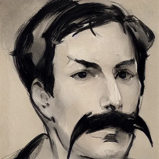 Prompt: Portrait of Roy Mustang with a pencil mustache by John Singer Sargent, flame alchemy, naturalistic technique, bold brushwork, light and shadow, depth. Sense of movement.