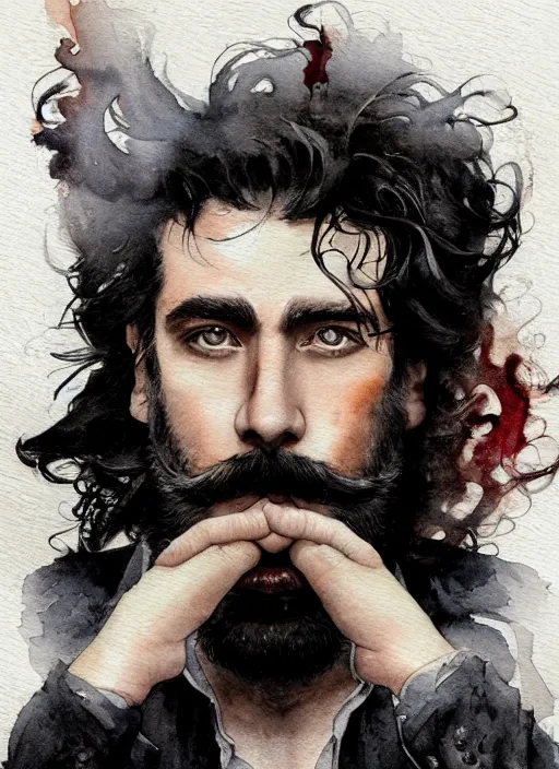 Prompt: portrait, a handsome Frenchman with beard and long black hair toasting with whiskey, the devil is in the background, watercolor, dramatic lighting, cinematic, establishing shot, extremely high detail, foto realistic, cinematic lighting, digital art, vector, by Yoshitaka Amano, Ruan Jia, Kentaro Miura, Artgerm, post processed, concept art, artstation, matte painting, style by eddie mendoza, raphael lacoste, alex ross