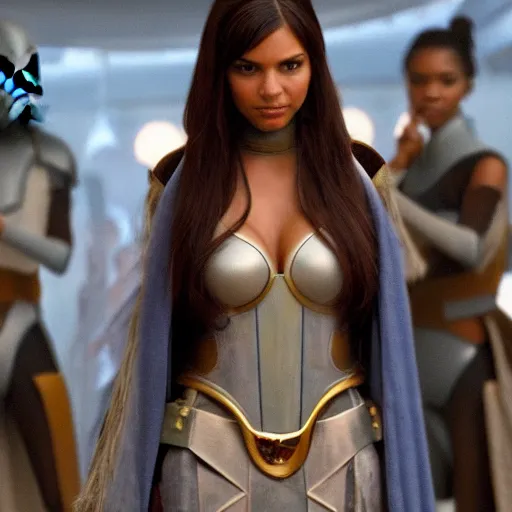 Image similar to victoria justice with the body shape of lizzo as princess padme in star wars : revenge of the sith, 8 k resolution, cinematic lighting, anatomically correct