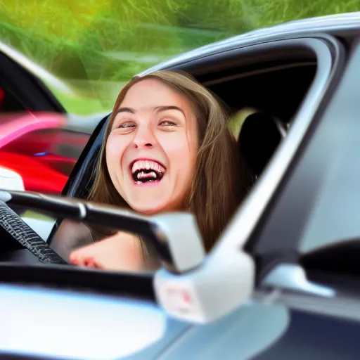 Prompt: majijej laughing while driving, photo realistic 4k, high definition