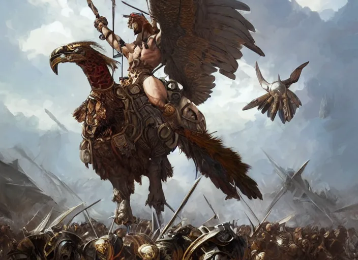 Image similar to The large birds of war, barbarian muscular men with powerful arms riding saddled to the back of the large griffin bird, swords held high, medieval war rages below, highly detailed, digital painting, artstation, concept art, smooth, sharp focus, illustration, art by artgerm and greg rutkowski and alphonse mucha