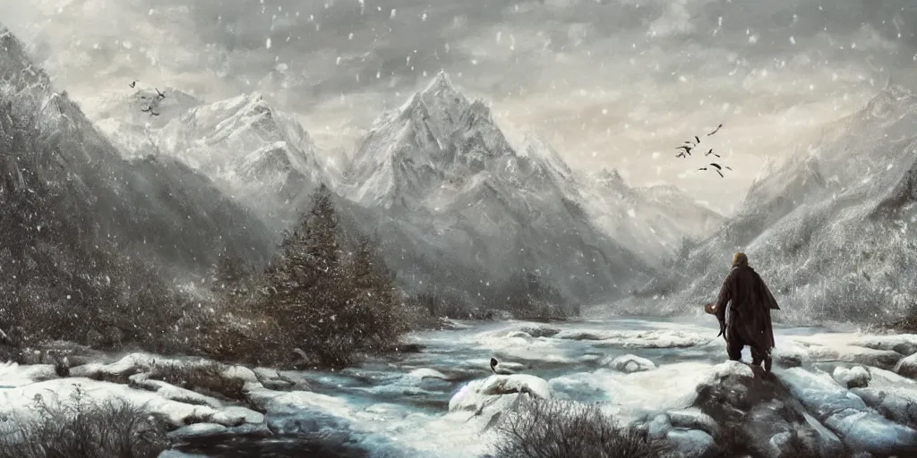 Image similar to A majestic landscape featuring a river, mountains and a forest. A small group of birds is flying in the sky. Harsh winter. very windy. There is a man walking in a deep snow.Camera is positioned behind the man. Cinematic, very beautiful, painting in the style of Lord of the rings