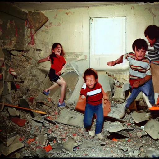 Prompt: crazy children destroying a basement, photograph, high quality