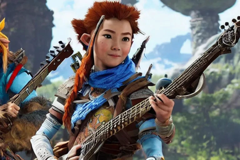 Prompt: aloy from the horizon zero dawn videogame playing the guitar with link from the legend of zelda videogame in the international space station