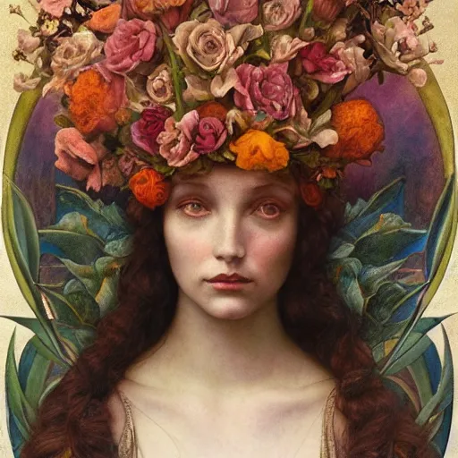 Prompt: flower queen, by annie swynnerton and tino rodriguez and charlie bowater and tom bagshaw and nicholas roerich and jean delville and evelyn de morgan and lucien freud, dramatic lighting, floral tattoos, rich colors, smooth sharp focus, extremely detailed, adolf wolfli