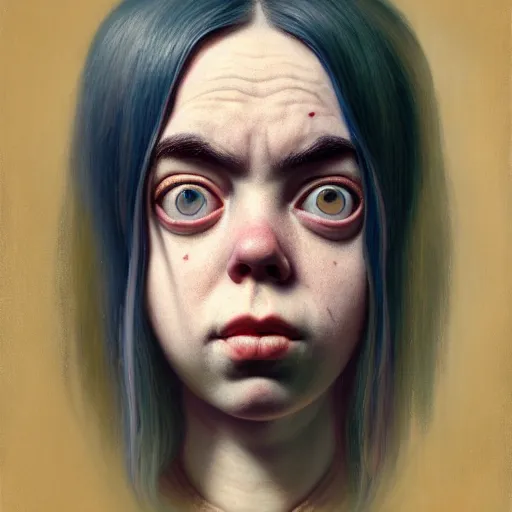 Prompt: an antique lithograph style portrait painting of an elderly billie eilish, character design by mark ryden and pixar and hayao miyazaki, unreal 5, daz, hyperrealistic, octane render, cosplay, dynamic lighting, intricate detail, harvest fall vibrancy, cinematic