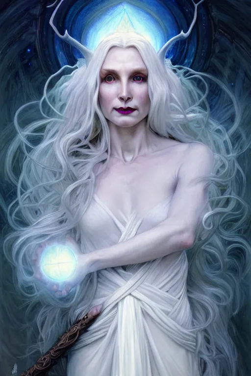 Image similar to realistic wide angle portrait of a beautiful white witch, standing, crafting spells, bright witch, beautiful face, fantasy, chaos, magic, dark magic, dramatic lighting, intricate, wild, highly detailed, digital painting, artstation, concept art, smooth, sharp focus, illustration, art by artgerm and greg rutkowski and alphonse mucha, footage from space camera