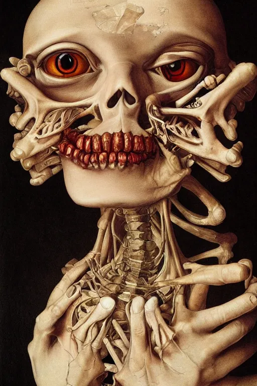 Prompt: Detailed maximalist portrait with large lips and with large, wide eyes, sad expression, extra bones, flesh, HD mixed media, 3D collage, highly detailed and intricate, surreal, illustration in the style of Caravaggio, dark art, baroque