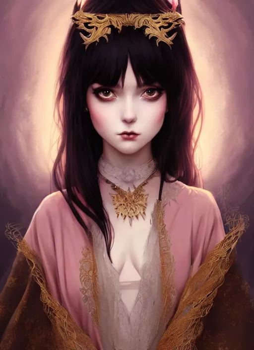 Image similar to dreamlike luxury stunning gothic girl portrait, pale pink and gold kimono, art by artgerm, wlop, loish, ilya kuvshinov, 8 k realistic, hyperdetailed, beautiful lighting, detailed background, depth of field, symmetrical face, frostbite 3 engine, cryengine,