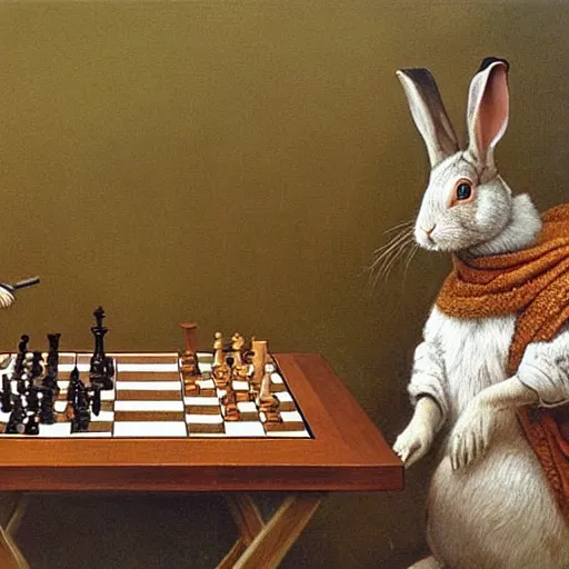 Image similar to rabbits smoking pipes and playing chess. Painting of rabbits in sweaters by James Gurney.