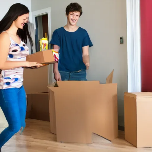 Image similar to monkeys moving into college dorm setting up furniture