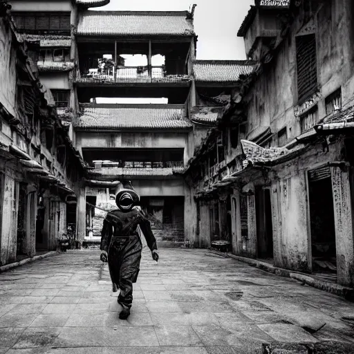 Prompt: A photograph of a man in a gas mask and a flight suit, inside the Kowloon Walled City. Film Noir. High Contrast. Black and White.