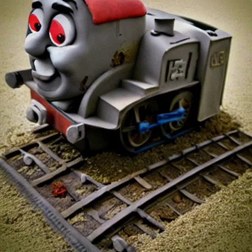 Image similar to zombie apocalypse thomas the tank engine clay sculpture, ominous