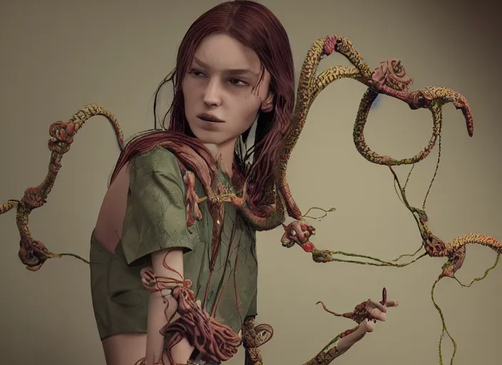 Image similar to cthulhy woman, clothes made out of flower, cables everywhere, bedroom, ultra realistic, concept art, intricate details, highly detailed, photorealistic, octane render, 8 k