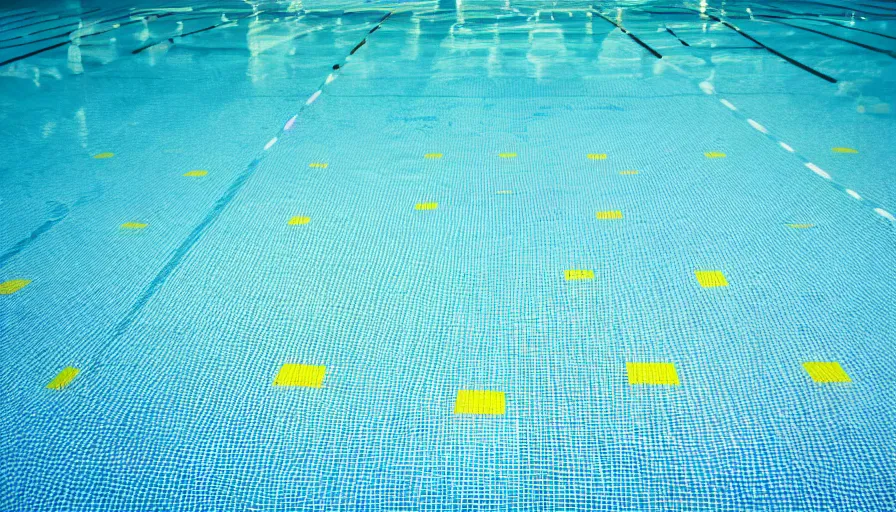 Image similar to movie still of an empty municipal swimmingpool with yellow tiles with light blue tiles, high quality, high detail, liminal space style