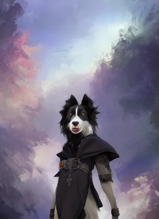 Prompt: beautiful wide angle full body portrait of a cute male anthropomorphic anthro border collie fursona wearing black robes at a theme park, character design by charlie bowater, henry asencio, and ross tran, scenic background, detailed, glamor pose, aesthetic, trending on artstation, furaffinity, deviantart