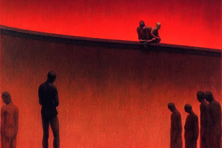 Image similar to only with melted fascist, sportspalast amphitheater, crowd hails him, in the style of beksinski, parts by edward hopper, parts by rodcenko, parts by yue minjun, intricate and epic composition, red by caravaggio, insanely quality, highly detailed, masterpiece, red light, artstation, 4 k