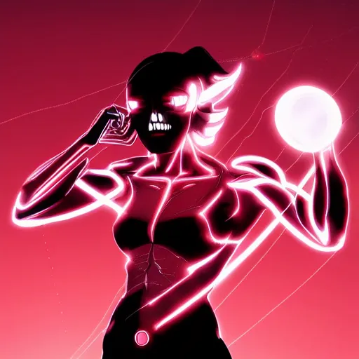 Image similar to a muscular female cyborg ( 8 0 % machine, 2 0 % human ) with glowing red eyes and an evil smile, recharging herself, sci - fi themed, pixiv, vector art