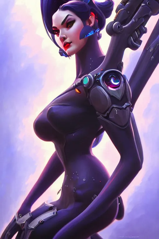 Prompt: epic lovely widowmaker portrait from overwatch, fantasy, fantasy art, character portrait, portrait, close up, highly detailed, scifi art, intricate detail, amazing detail, sharp focus, vintage fantasy art, vintage sci - fi art, radiant light, trending on artstation, caustics, by boris vallejo